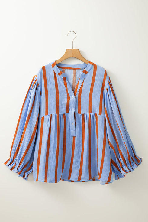 Stripe Crinckled Ruffled Sleeve Button up Loose Shirt